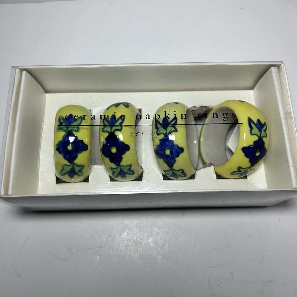 New Pier 1 Imports 4 Ceramic Napkin Rings Blue Yellow Flowers India Mexican Art